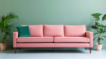 pastel peach sofa with teal cushions stands against soft green wall, surrounded by lush indoor plants, creating serene and inviting atmosphere