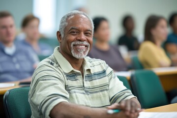 Mature adults in a classroom setting, attentively listening to a lecture, eager to learn new skills and advance their knowledge