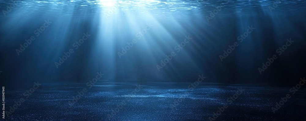 Poster Abstract background of dark blue with light rays and mist, spotlight on an asphalt floor for display products. Dark scene with reflections from the water surface