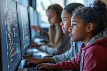 Students in a technology lab, collaborating on a coding project, with screens displaying code, highlighting the integration of teamwork and technology in education