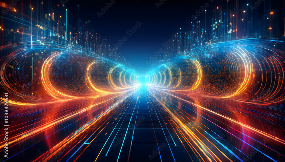 Poster exploring the vibrant intersection of light and technology a journey through a digital landscape of 