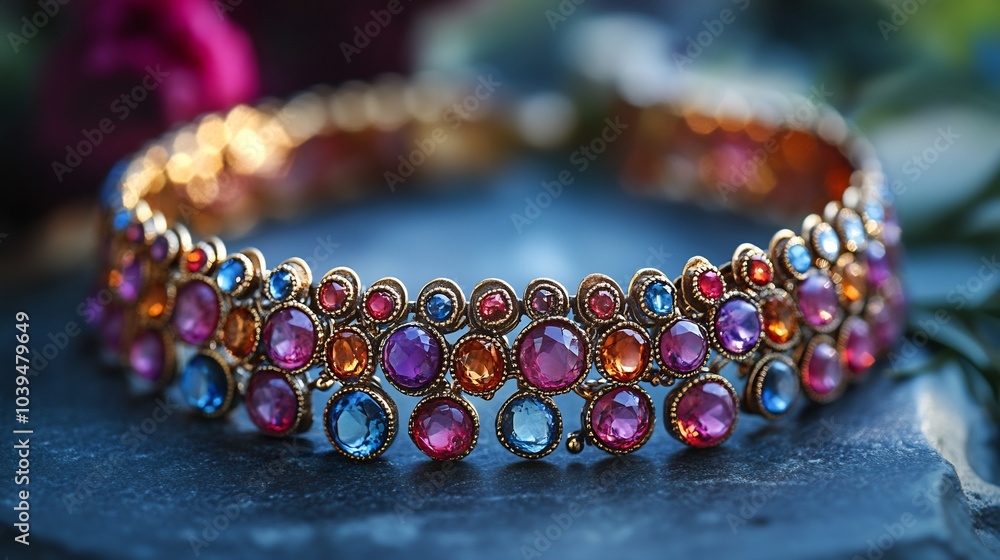Poster vibrant gemstone choker with an array of colorful stones placed on a plain minimalistic surface emph