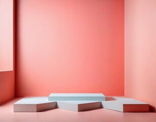 A pink wall with a white floor and a white podium