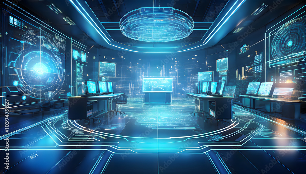 Aufkleber Futuristic control room with advanced technology and data visualization displays in a high-tech environment