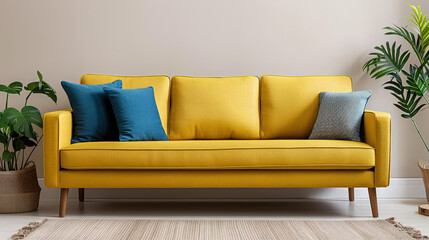 pastel yellow sofa with blue cushions creates vibrant and inviting atmosphere in modern living space. stylish design complements greenery nearby, enhancing overall aesthetic