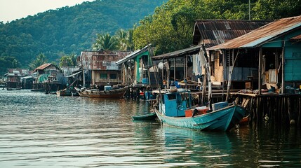 A small boat docked in a quaint village, used for artisanal fishing, with locals preparing for the day&acirc;&euro;&trade;s catch