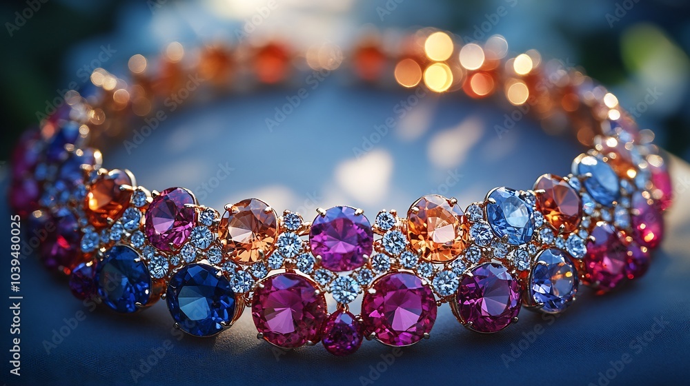 Poster vibrant gemstone choker with an array of colorful stones placed on a plain minimalistic surface emph