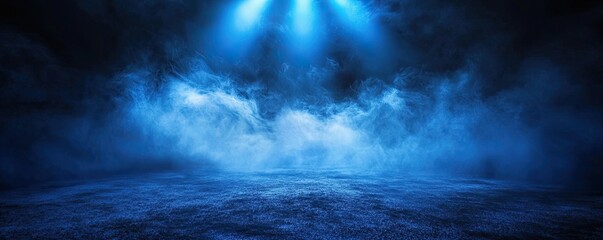 Fototapeta premium Abstract background of dark blue with light rays and mist, spotlight on an asphalt floor for display products. Dark scene with reflections from the water surface