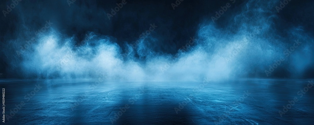 Poster Abstract background of dark blue with light rays and mist, spotlight on an asphalt floor for display products. Dark scene with reflections from the water surface