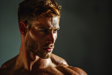 Muscular man with a sharp gaze and a strong body, solid color background representing the integration of physical power and mental agility, perfect for gym promotions