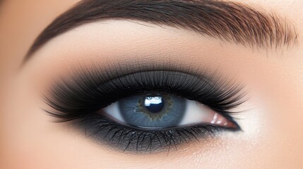 Fototapeta premium Close-up of a woman's blue eye, adorned with long lashes and a slim line of black eyeliner above