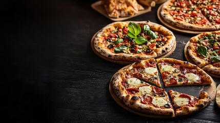 Delicious variety of pizzas with fresh toppings on a dark wooden table.