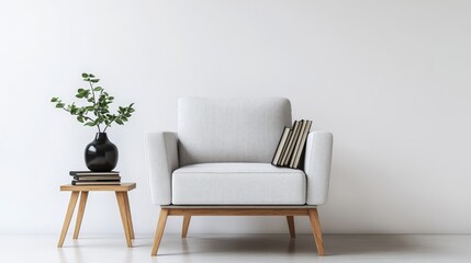 A realistic photo of a minimalist setup featuring a light gray armchair with wooden legs, a small wooden side table holding books, and a black vase with greenery. The contemporary design is captured