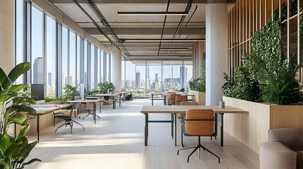 Fototapeta premium Modern Office Space with Large Windows and Wooden Desks