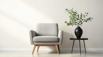 A realistic photo showcasing a modern gray armchair with wooden legs, positioned next to a minimalist side table. The black vase with greenery on the table adds a touch of elegance to the serene,