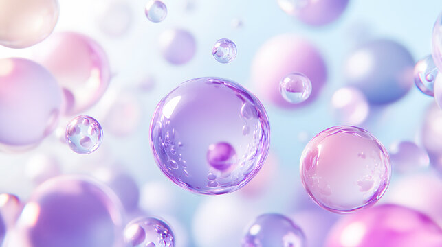 Transparent and translucent pink-purple spheres float in a light blue gradient background, creating a serene and minimalist aesthetic.