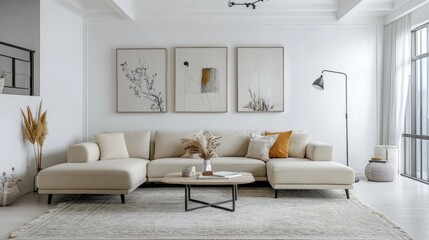 A realistic photo of a contemporary living room with white walls and a beige sofa The room is accented by a soft rug, a coffee table, and a standing floor lamp Decorative paintings and plush cushions