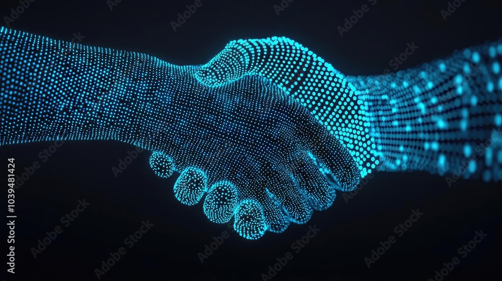 Aufkleber digital handshake represented in a futuristic, glowing wireframe design.