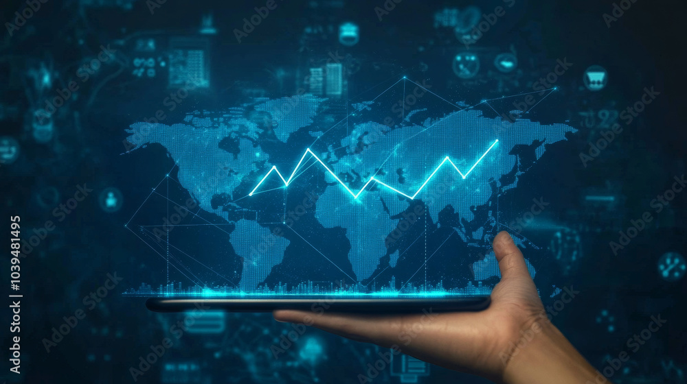 Poster a hand holds a tablet showing a graph arrow pointing sharply upwards, symbolizing growth. this is al