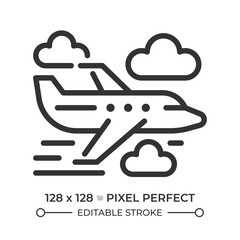 Passenger plane linear icon. Representing air travel and transportation. Commercial aviation. Airline services. Thin line illustration. Contour symbol. Vector outline drawing. Editable stroke