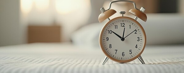 Alarm clock in focus with person stretching in the background, soft morning light.