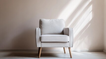 A realistic photo of a minimalist interior featuring a light gray armchair with wooden legs. The clean lines and neutral tones add sophistication and contemporary elegance to the space. Shot in 32k