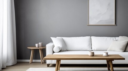 A realistic photo of a sleek, minimalist home interior with a wooden coffee table beside a white sofa. The grey wall with an art poster adds an elegant touch. Professionally shot with 32k clarity and
