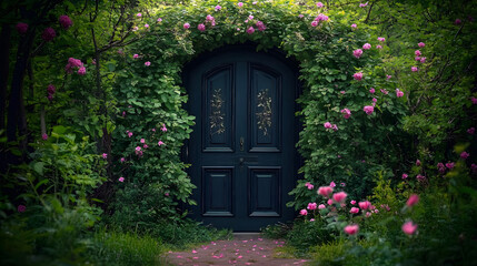 A black door with a green archway and pink flowers in front of it. The door is surrounded by a lush green garden