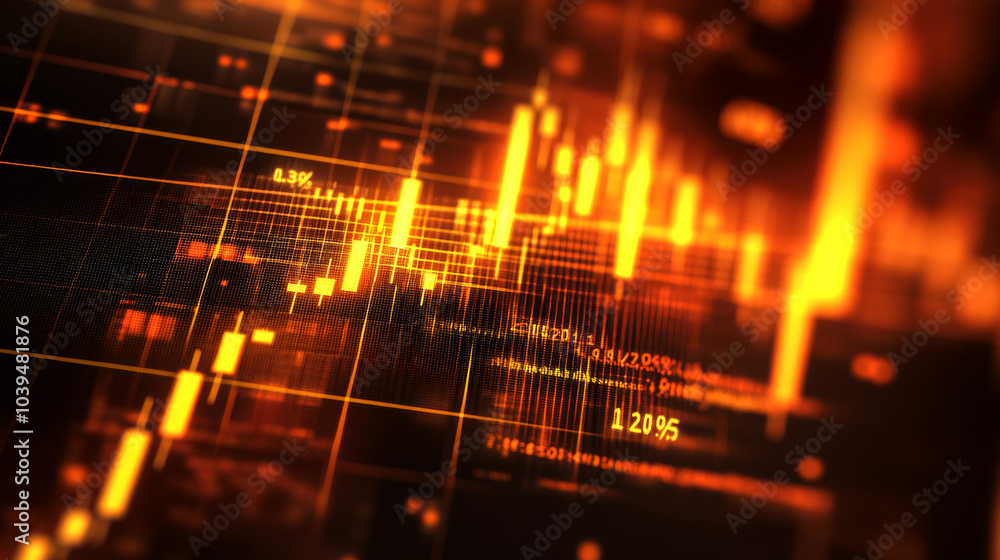 Poster a 3d image shows a glowing candlestick chart on a dark background. the chart has numbers and lines t