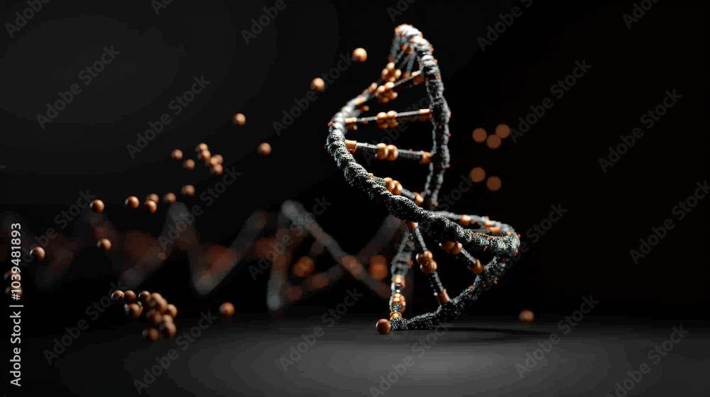 Poster stunning representation of dna molecules with swirling strands and particles, showcasing complexity 