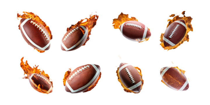 Flaming Footballs for Dynamic Sports Visuals, set collection, mega bundle, isolated on transparent background