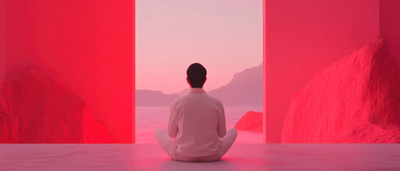A person sitting in a meditative pose, facing a surreal landscape. The scene is dominated by shades of red and pink, Generative AI