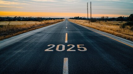 Text "2025" and arrow pointing towards the horizon written on asphalt captures an empty road stretching into the distance symbolizing the optimism and success of the upcoming year. Styled like a