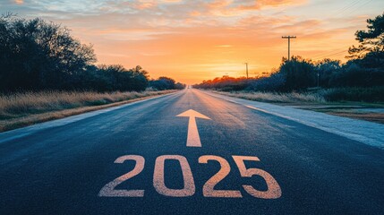Text "2025" and arrow pointing towards the horizon written on asphalt visualizes a road leading into the future, symbolizing new beginnings and endless possibilities for 2025. Styled like a high-end