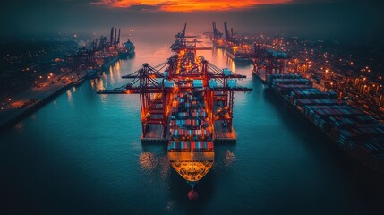 Naklejka premium Aerial View of a Bustling Container Port at Sunset with Vibrant Colors and Industrial Activity