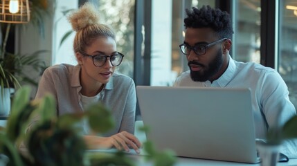 High-resolution photorealistic capture of two diverse colleagues brainstorming ideas in a sleek,...