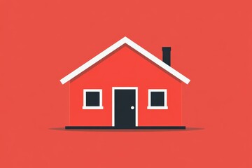 Simple flat illustration of a modern red house with a white roof and chimney against a bold red background symbolizing suburban living and contemporary architecture