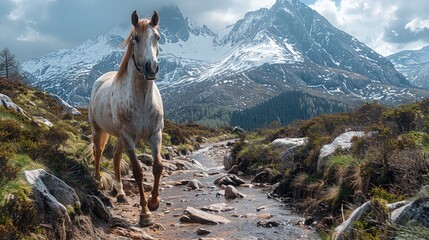 Fototapeta premium A horse trekking along a mountain trail in early spring. navigates rocky paths surrounded by budding greenery and the remnants of winter snow, with a backdrop of towering mountain peaks.