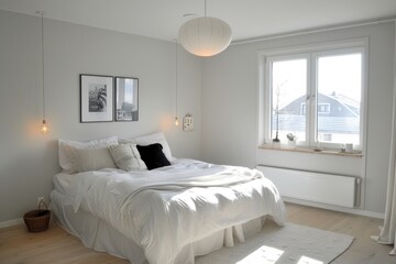 Minimal white bedroom with cozy elements and modern design
