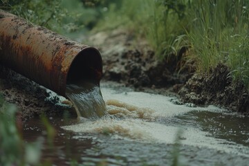 Rusty Pipe Discharging Polluted Water into a River