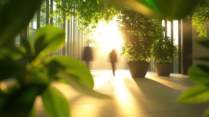 Serene indoor garden with blurred figures walking