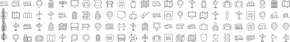 Poster motorhome, map pin, baggage, direction pointer outline simple linear image collection. editable stro