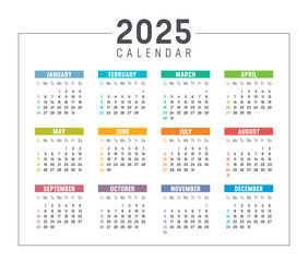 Year 2025 calendar vector template