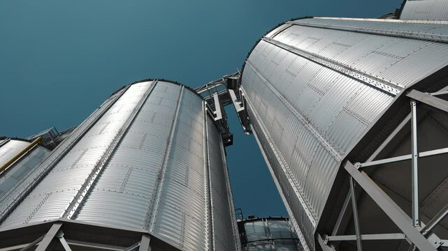 Close-up view of modern grain silos from below. A striking low-angle shot of modern grain silos, towering against a clear blue sky.