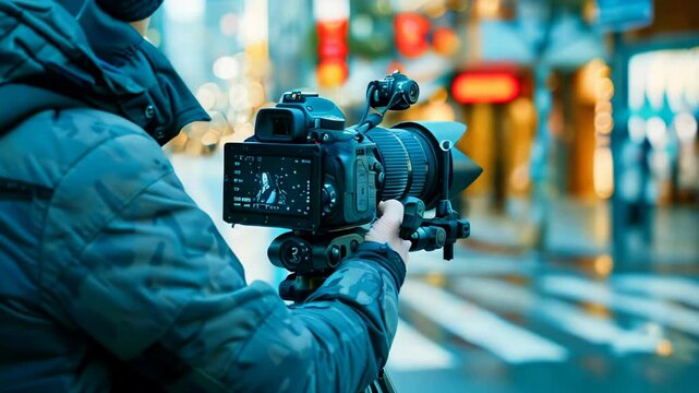 Close-up of hands operating a professional video camera