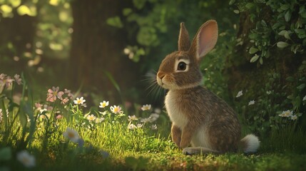 Fototapeta premium A cute rabbit sits in a field of wildflowers, basking in the golden sunlight filtering through the trees.