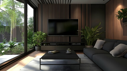 Sleek Modern Living Room with Wooden Slats