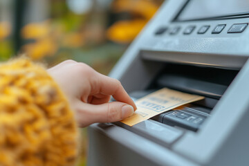 Person using an ATM to withdraw cash while wearing a cozy sweater in a park during autumn days
