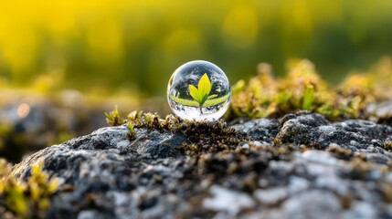 A glass orb bearing a leaf image rests atop a moss-covered rock, basking in sunlight