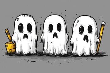 Obraz premium Simple black and white cartoon illustration of three playful ghosts holding a shovel and broom creating a spooky fun Halloween scene with quirky lighthearted elements